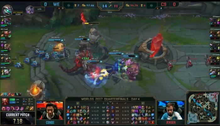 WE对C9第一场双方纠缠一小时，WE成功抓住机会拿下第一场胜利