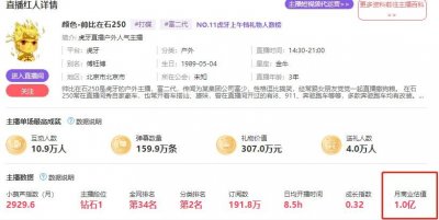 ​虎牙主播身价排名！在石250身价上亿！