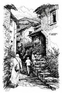 ​黑白钢笔画速写《风景》